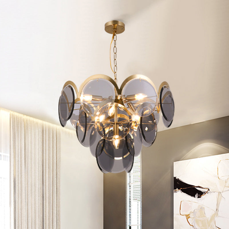 Panneau rond Pendre luminaire post moderne Smoke Grey Glass 7 Heads Heads Brass Hanging Chandelier