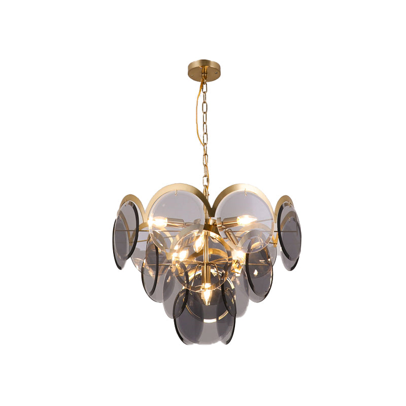 Panneau rond Pendre luminaire post moderne Smoke Grey Glass 7 Heads Heads Brass Hanging Chandelier