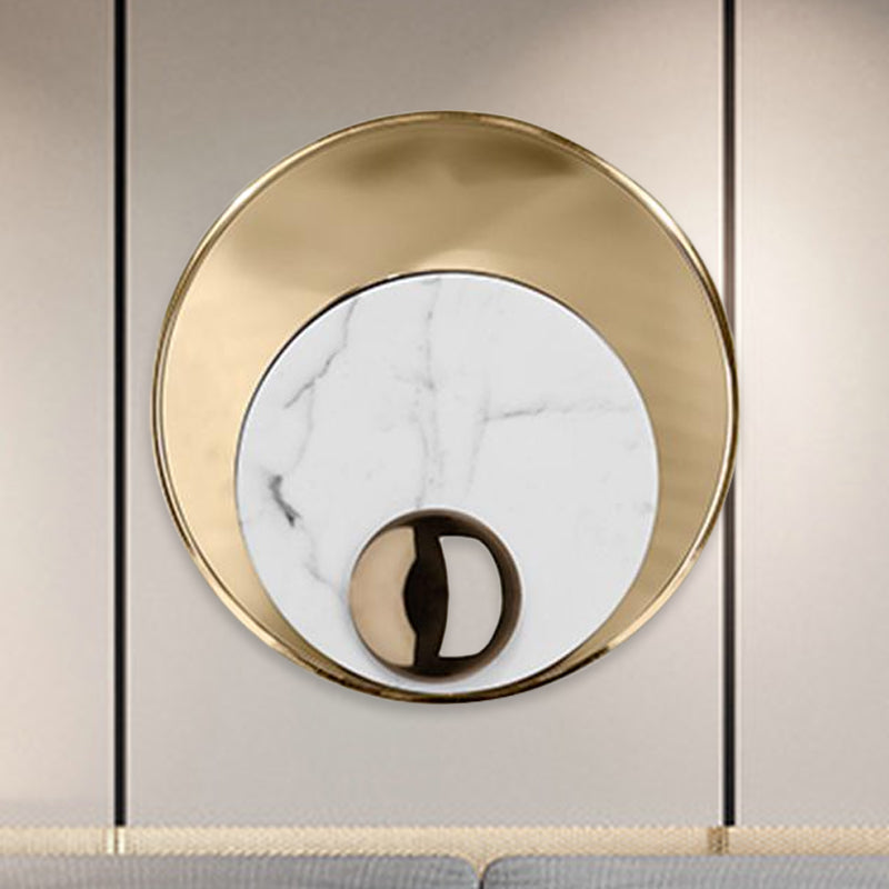 Round Marble LED Sconce Lighting Modernist 1 Head White/Black Wall Mounted Lamp with Gold Metal Backplate