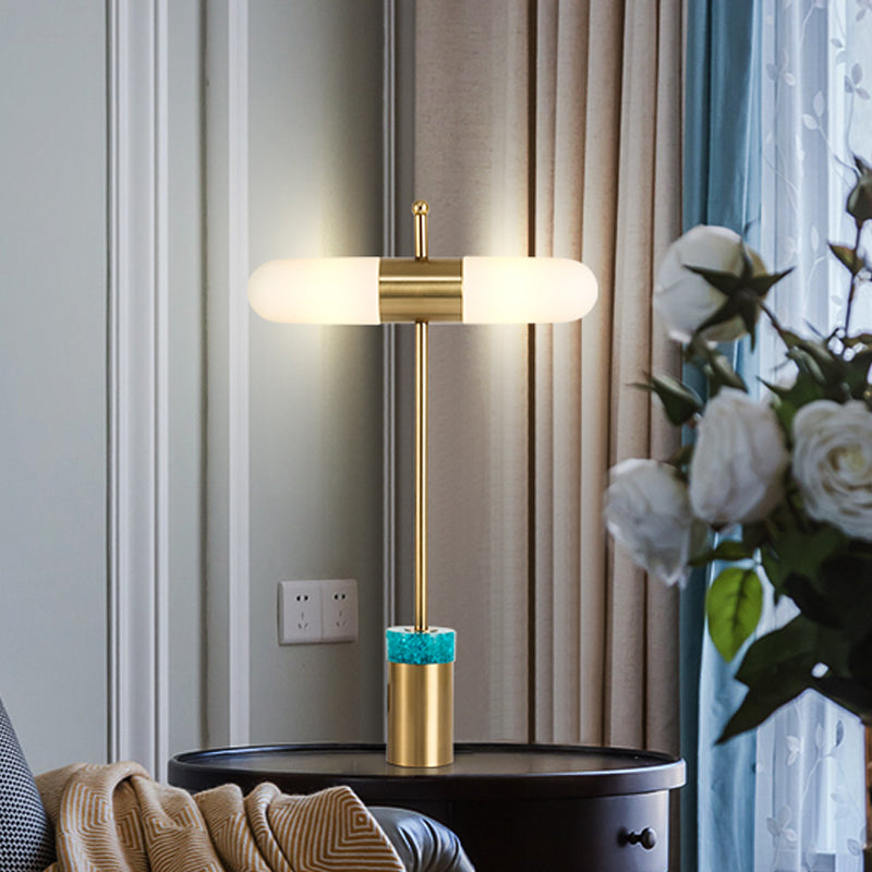 Capsule Opal Glass Night Table Lamp Post Modern 2 Heads Gold Desk Light with Tube Metal and Marble Base for Bedside