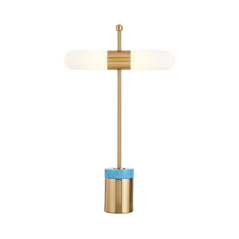 Capsule Opal Glass Night Table Lamp Post Modern 2 Heads Gold Desk Light with Tube Metal and Marble Base for Bedside