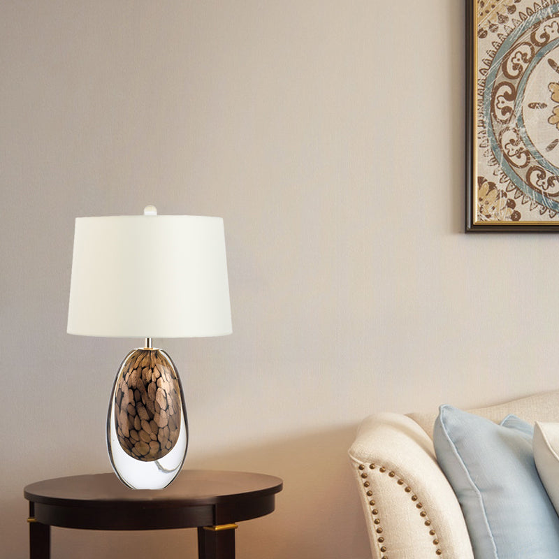 White Drum Nightstand Light Modernist 1 Light Fabric Table Lamp with Oval Colored Glaze Base