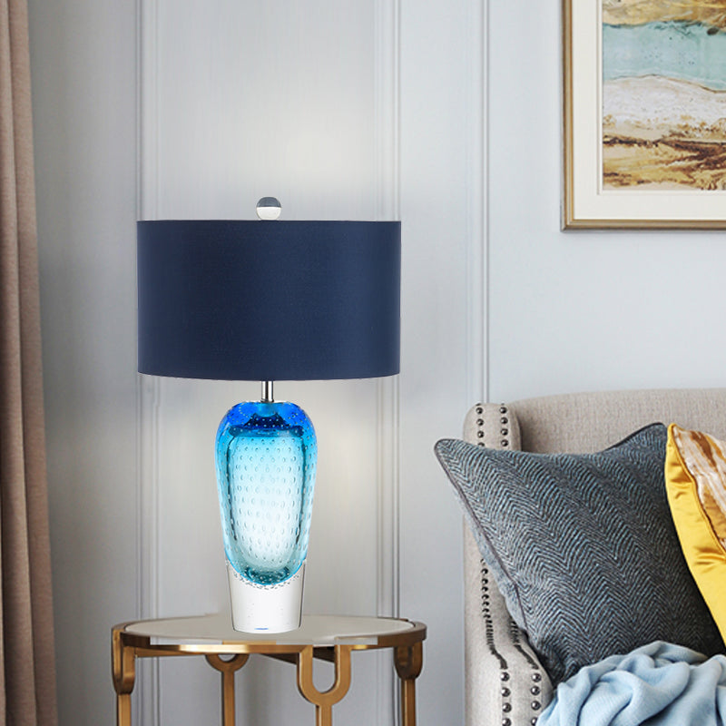 Blue Bubble Glass Urn Desk Light Contemporary 1 Light Night Table Lamp with Fabric Shade