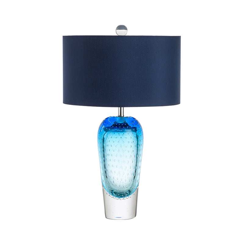 Blue Bubble Glass Urn Desk Light Contemporary 1 Light Night Table Lamp with Fabric Shade