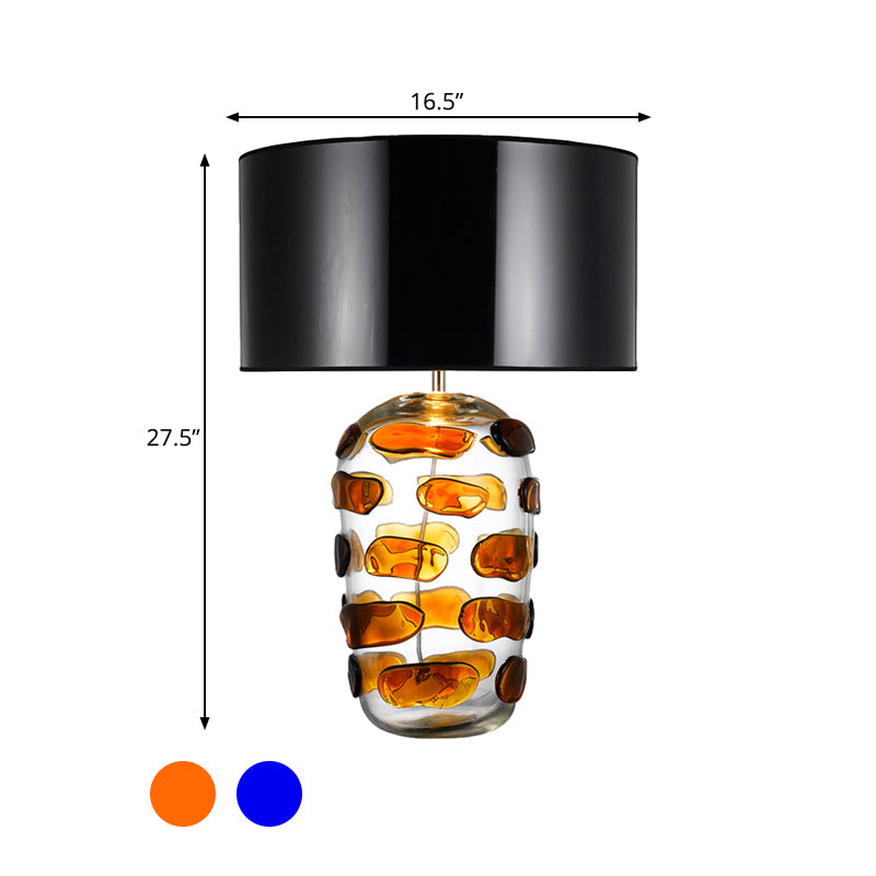 Yellow/Blue Jar Nightstand Light Modern 1 Bulb Clear Glass Desk Lamp with Drum Black/White Fabric Shade