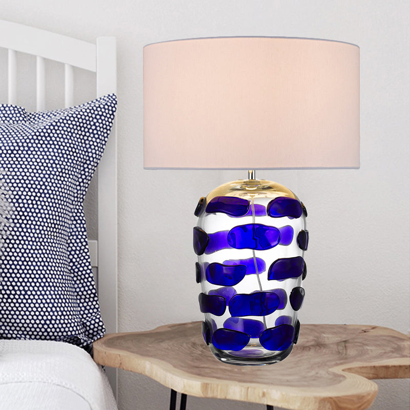 Yellow/Blue Jar Nightstand Light Modern 1 Bulb Clear Glass Desk Lamp with Drum Black/White Fabric Shade