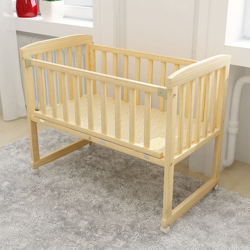 Farmhouse Pine Bed Solid Wood Baby Crib with Guardrails and Casters