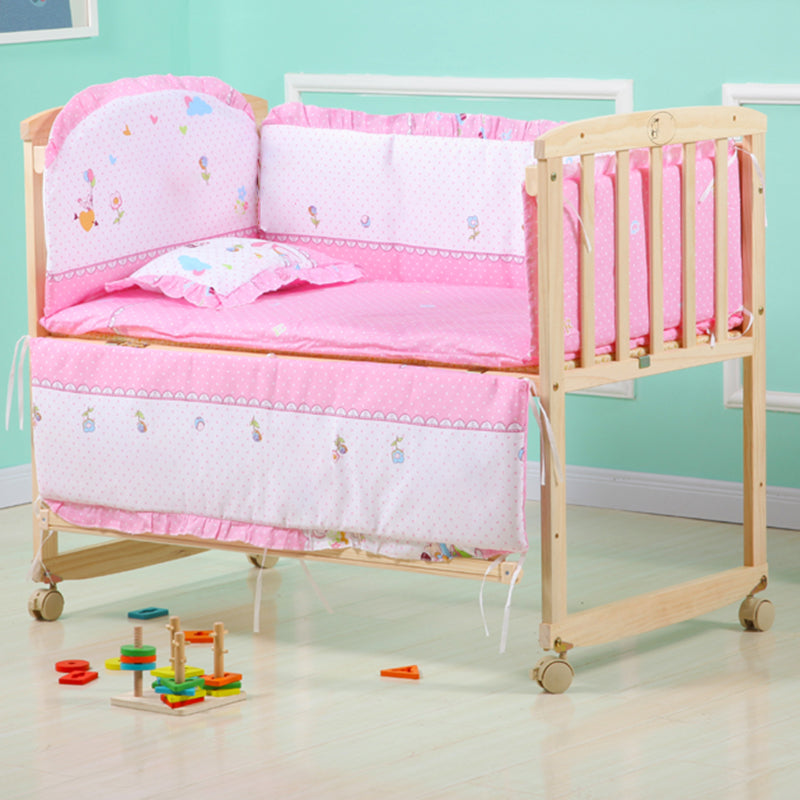 Farmhouse Pine Bed Solid Wood Baby Crib with Guardrails and Casters