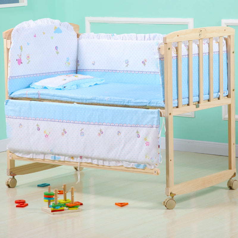 Farmhouse Pine Bed Solid Wood Baby Crib with Guardrails and Casters