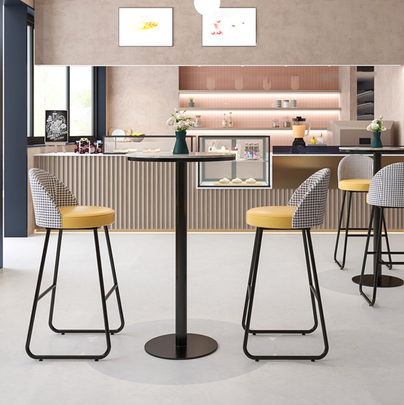 Modern Round Bar Table Set 1/3 Pcs Stone Top Bar Table and Leather Stools