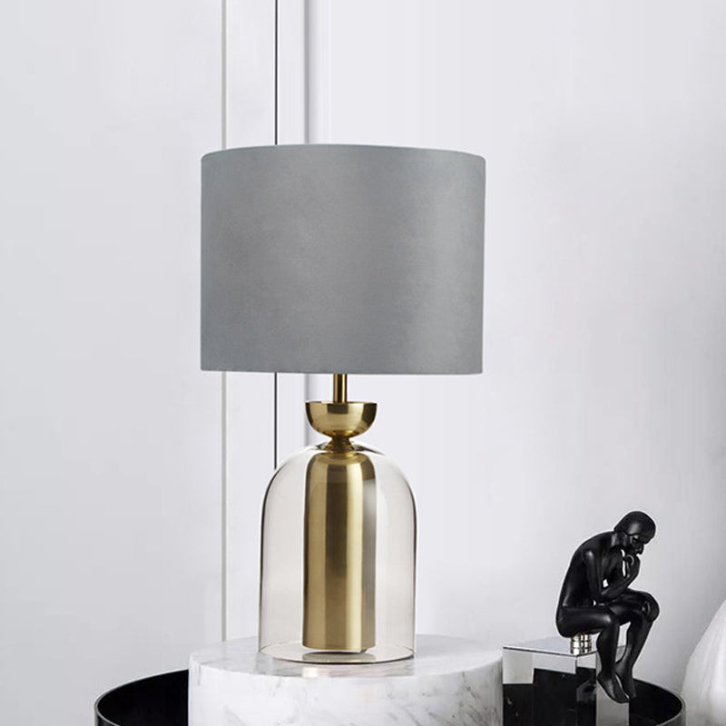 Gold Bell Table Light Contemporary 1 Bulb Clear Glass Desk Lamp with Grey Fabric Shade for Bedside