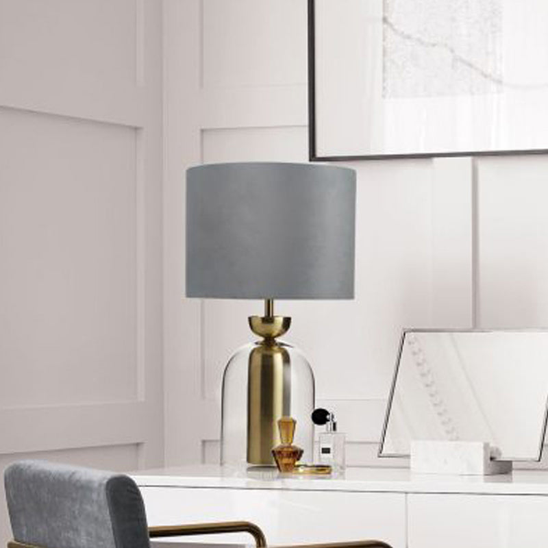 Gold Bell Table Light Contemporary 1 Bulb Clear Glass Desk Lamp with Grey Fabric Shade for Bedside