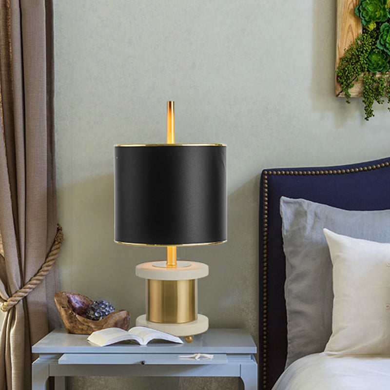 Stoff Drum Shade Nachttisch Licht Modernismus 1 Kopf Marmor Reading Buchlampe in Schwarz