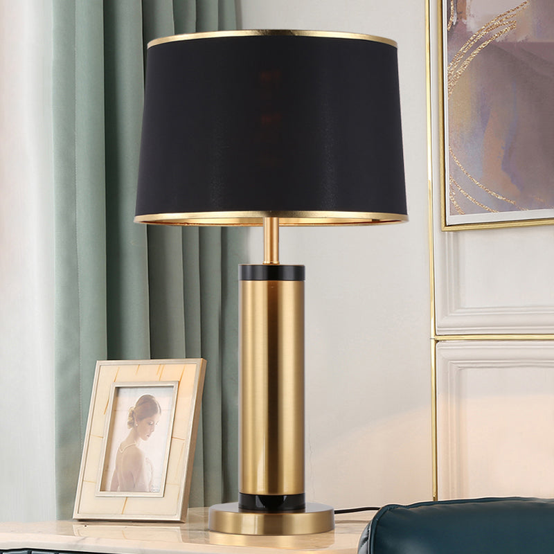 Metallic Tube Desk Light Modernism 1-Light Gold Finish Night Table Lamp with Drum Black Fabric Shade