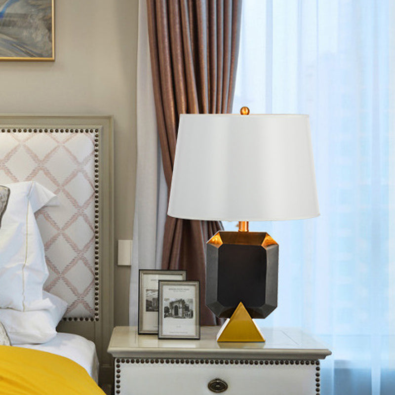 White Drum Desk Light Post Modern 1-Light Fabric Table Lamp with Geometric Marble Middle Column