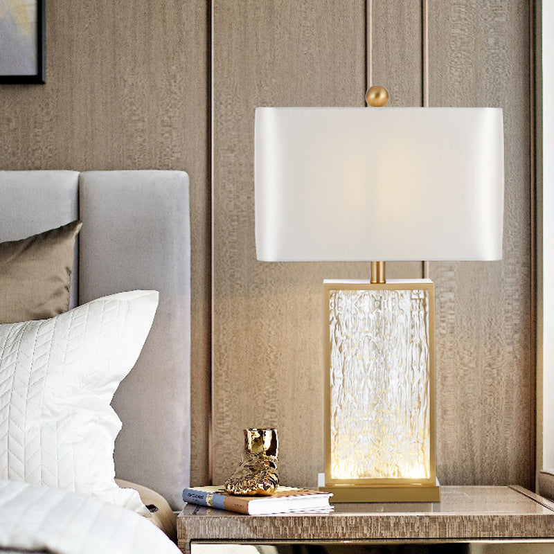 Lampada da tavolo rettangolare con smalto colorato Lampada da comodino contemporanea in tessuto bianco a 1 luce