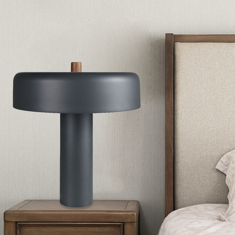 Metal Drum Nightstand Light Modernist LED Grey Desk Lamp with Plug In Cord for Bedroom