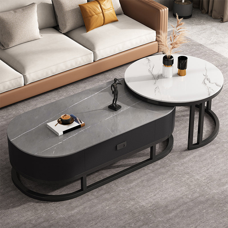 Oval Coffee Table Slate Nesting Coffee Table Set with Black Legs