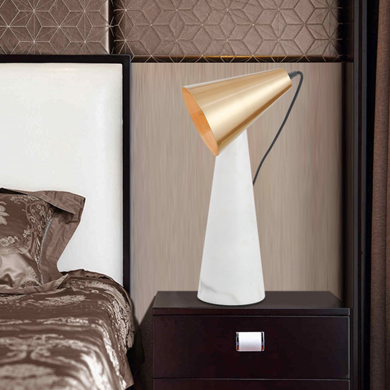 White Conical Table Lighting Minimalist 1 Light Marble Nightstand Lamp with Metal Shade
