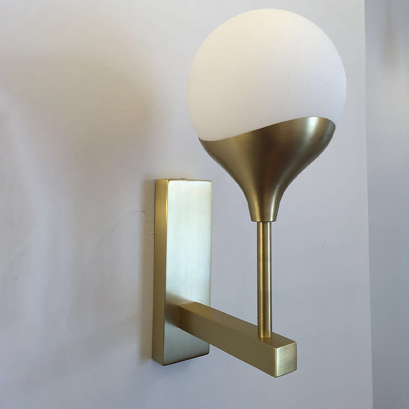 1 Bulb Bedroom Wall Light Minimal Brass Finish Wall Sconce with Globe Cream Glass Shade