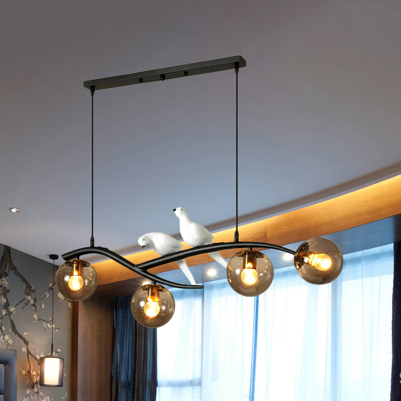 Lait blanc / fumée en verre gris globe lustre lumière minimale 4 lumières suspension suspension lumière en noir / or avec oiseaux déco