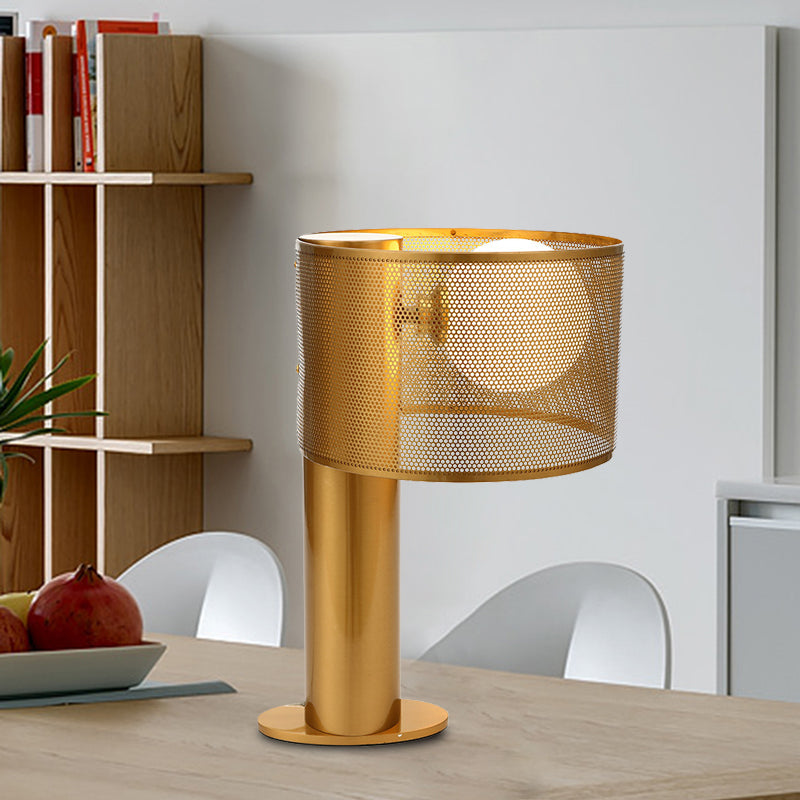 Metal Drum Mesh Night Table Light Post Modern 1 Head Desk Lamp in Gold with Orb Opal Glass Shade