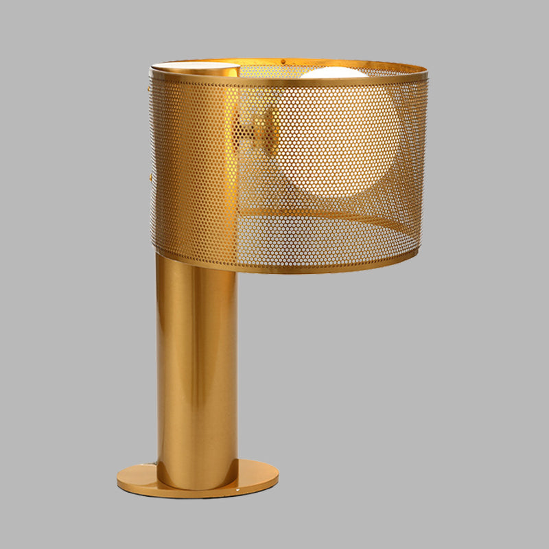 Metal Drum Mesh Night Table Light Post Modern 1 Head Desk Lamp in Gold with Orb Opal Glass Shade