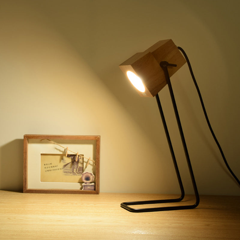 Wood Bell Shape Task Lamp Modern 1-Light Beige Reading Book Light with Black Slim Arm