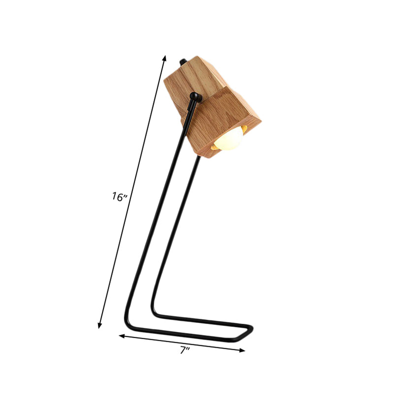 Wood Bell Shape Task Lamp Modern 1-Light Beige Reading Book Light with Black Slim Arm