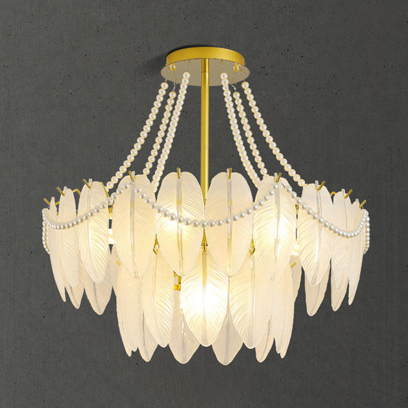 Modern Metal Ceiling Light Feather Shape Hanging Light with Glass Shade for Living Room