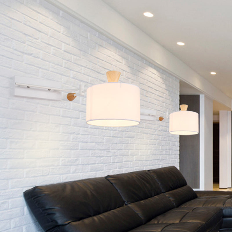 Iluminación de tela de batería de tambor Modernista 1 Bulbo Lámpara de pared de acabado blanco con brazo rotativo
