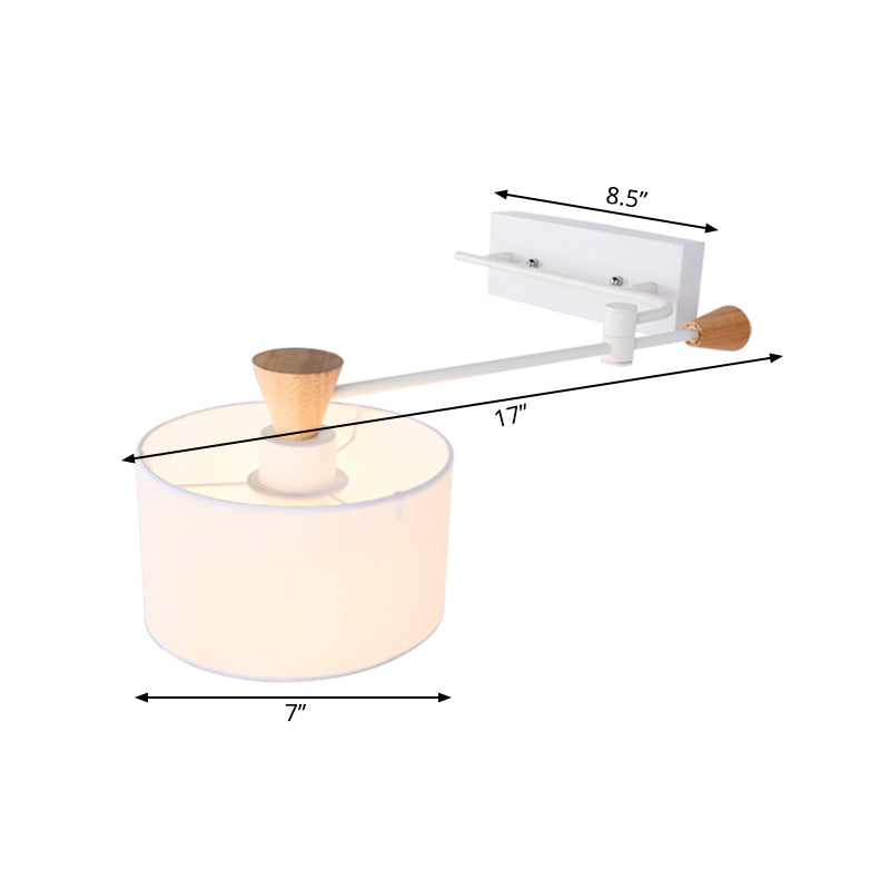Iluminación de tela de batería de tambor Modernista 1 Bulbo Lámpara de pared de acabado blanco con brazo rotativo