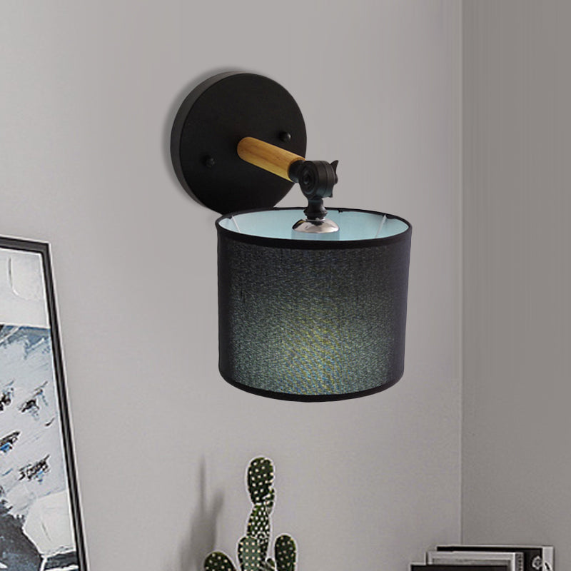 Modernism Armed Sconce Wood 1 Light Bedside Wall Lamp with Black Drum Fabric Shade