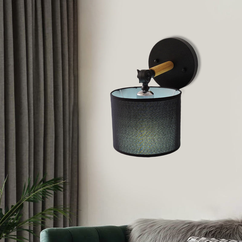 Modernism Armed Sconce Wood 1 Light Bedside Wall Lamp with Black Drum Fabric Shade