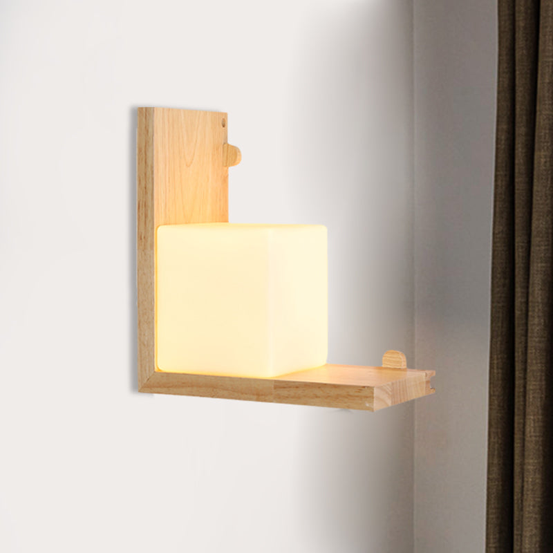 Holz rechter Winkelplatte Flush Wandleuchte minimalistische LED Beige Wandleuchte mit Würfel Opalglas Schatten