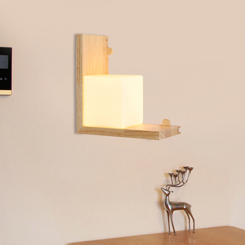 Holz rechter Winkelplatte Flush Wandleuchte minimalistische LED Beige Wandleuchte mit Würfel Opalglas Schatten