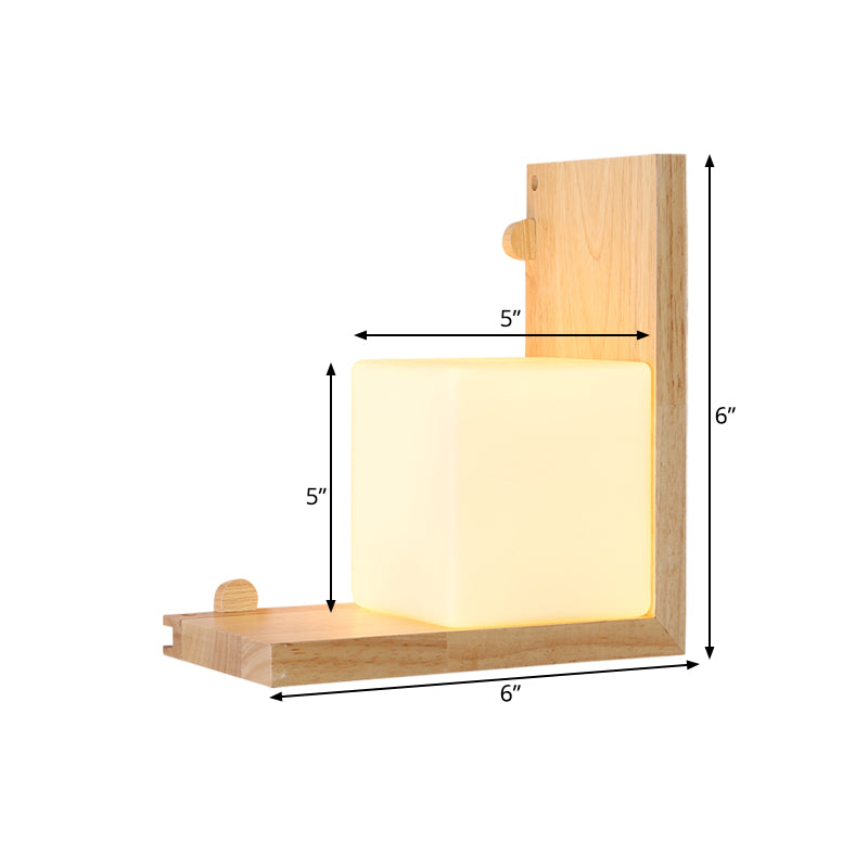 Wood Right Angle Panel Flush Wall Sconce Minimalist LED Beige Wall Light Fixture with Cube Opal Glass Shade