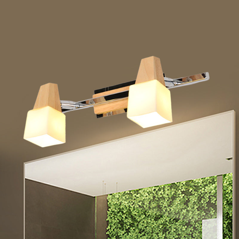 Beige Würfel Eitelkeit Leuchte Moderne 2-Licht Milch weiße Glaswandhalterung mit Holzoberteil