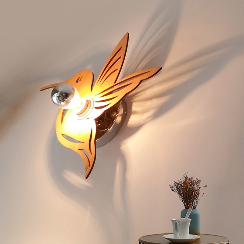 Contemporary Bird Shaped Sconce Light Wood 1 Bulb Bedside Wall Mount Lamp in Beige