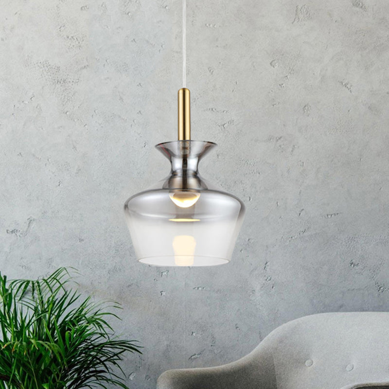 Cup Shaped Ceiling Light Post Modern Smoke Gray Glass LED Restaurant Pendant Lamp in Brass