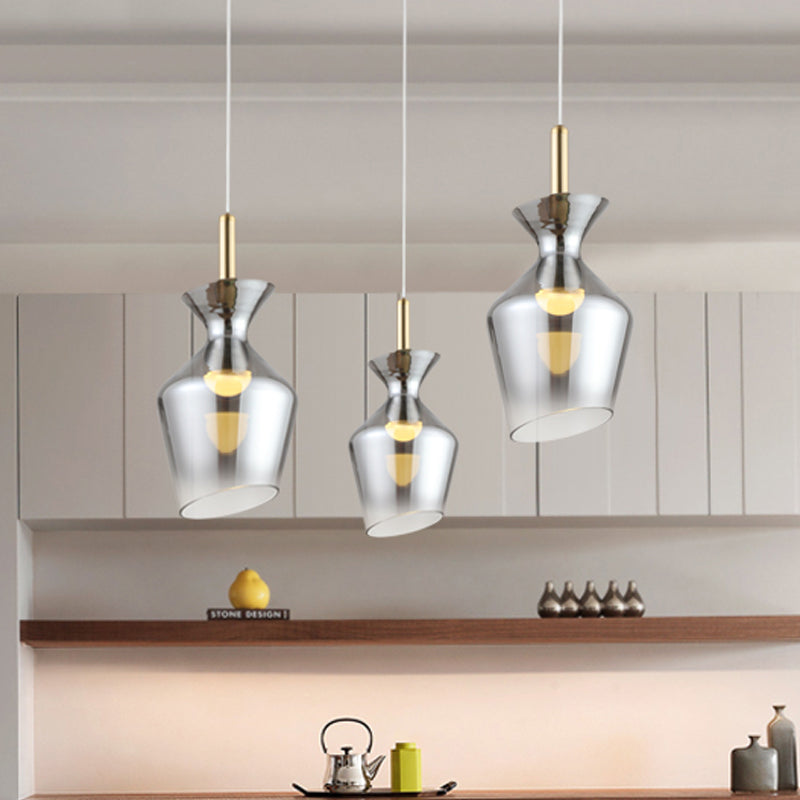 Minimalist LED Ceiling Light Brass Cup-Shape Suspension Pendant with Smoke Gray Glass Shade