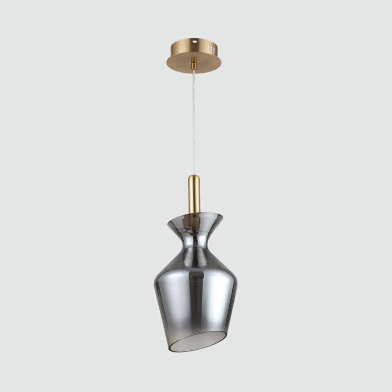Minimalist LED Ceiling Light Brass Cup-Shape Suspension Pendant with Smoke Gray Glass Shade