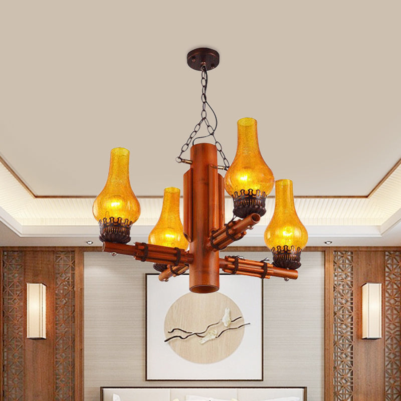 Bruin 4 koppen kroonluchter licht boerderij geel gekraak glas vaas schaduw plafond hanger met bamboe armontwerp