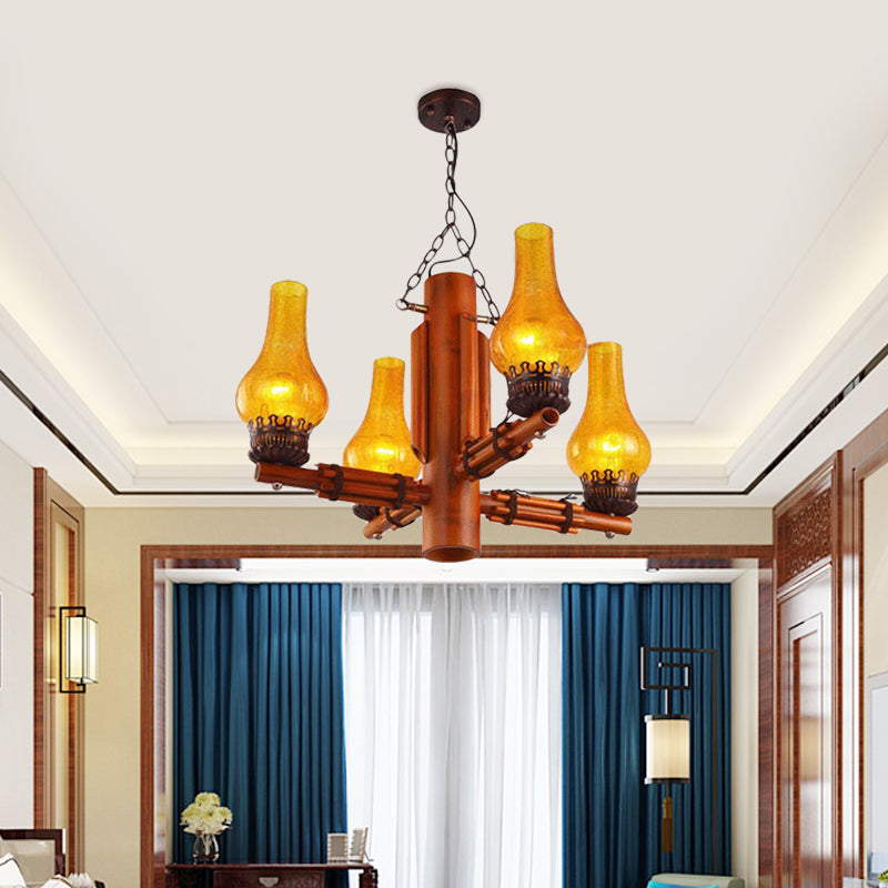 Brown 4 Heads Chandelier Light Farmhouse Yellow Crackle Glass Vase Shade Ceiling Pendant with Bamboo Arm Design