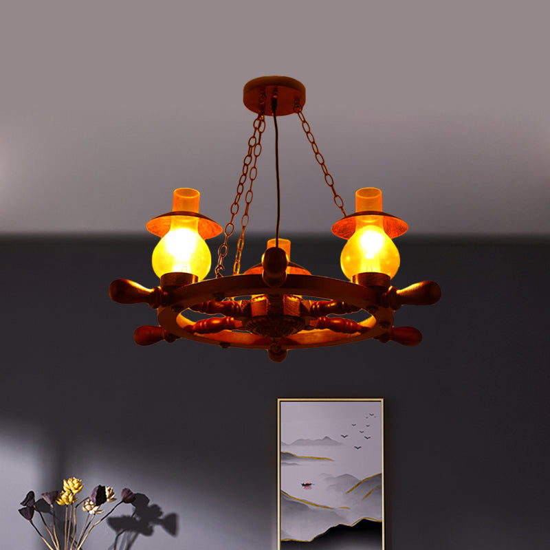 3 Heads Ceiling Chandelier Industrial Dining Room Wood Pendant Light with Vase Yellow Glass Shade