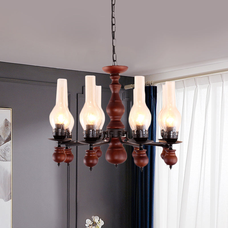 Clear Glass Vase Ceiling Lamp Industrial 8 Heads Living Room Chandelier Lighting Fixture with Wood Column