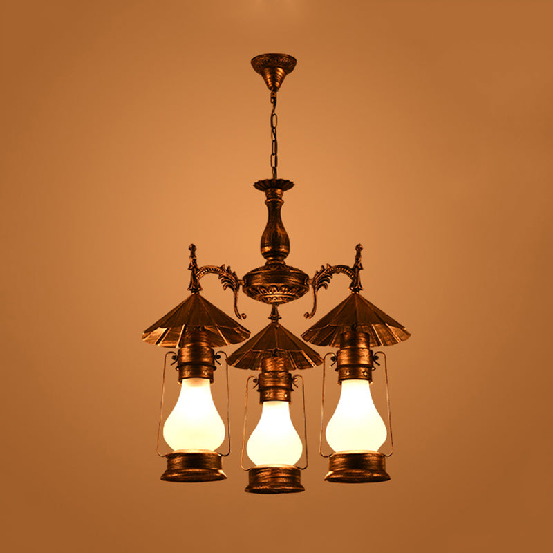 Bronze 3 Heads Pendant Chandelier Warehouse Yellow Crackle/White Glass Kerosene Hanging Ceiling Light for Restaurant