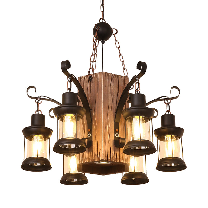 Lantern Clear Glass Chandelier Lighting Farmhouse 6 Lights Dining Room Hanging Lamp in Black with Rectangle Wood Deco