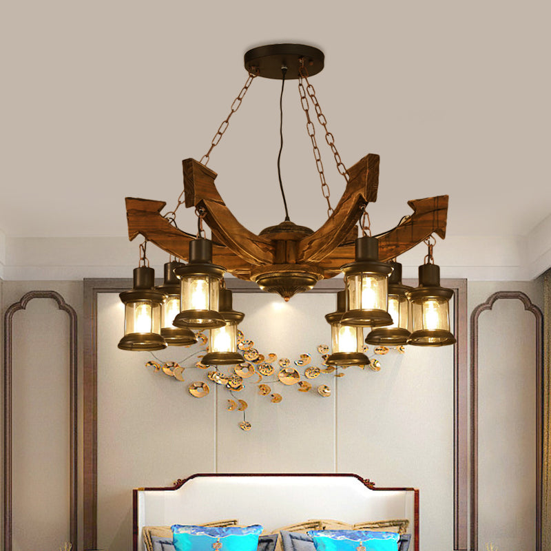 8 Lights Pendant Chandelier Farm Clear Glass Suspension Lamp in Black with Wood Anchor Deco