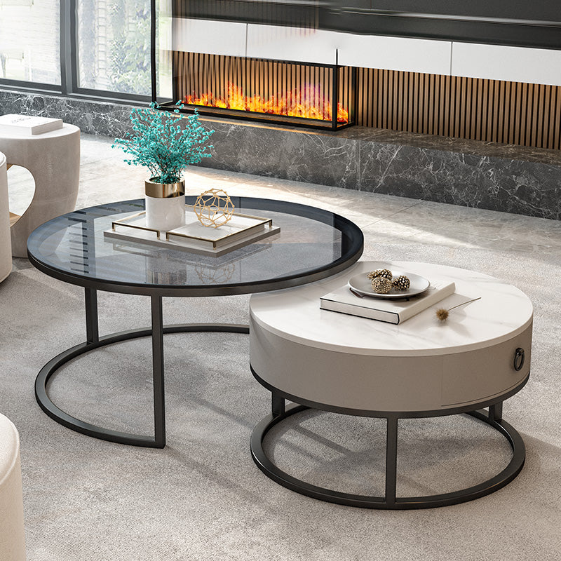 Round Glass Top Coffee Table Contemporary Frame Coffee Cocktail Table with Drawers